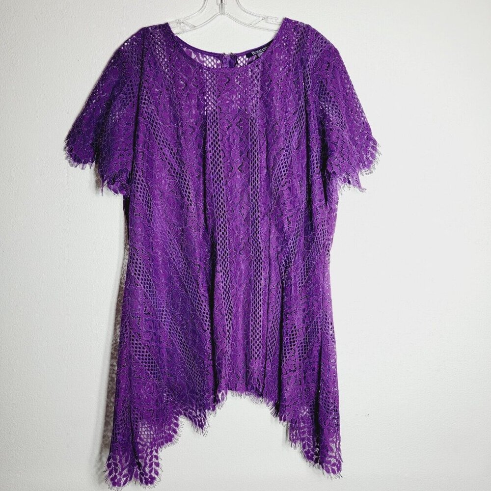 Roaman's Purple Lace Top Size 18 Long Tunic Sharkbite Hem Pullover Lined Zip Up